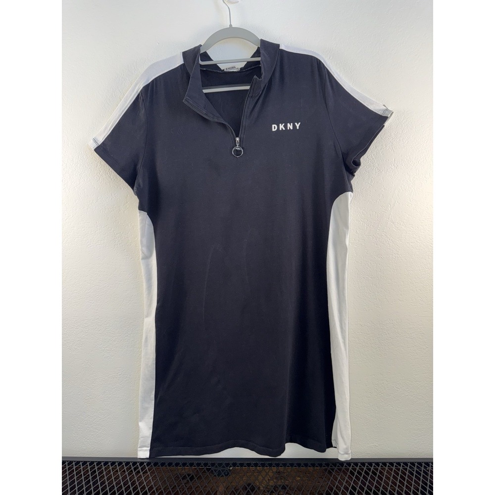 DKNY Sport Dress Black White Logo 1/4 Zip Stretch T Shirt Dress Size L‎